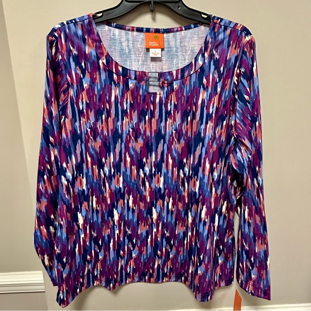 Colorful Patterned Women's Top Sz L Hearts Of Palm NWT Purple Blue & Rust